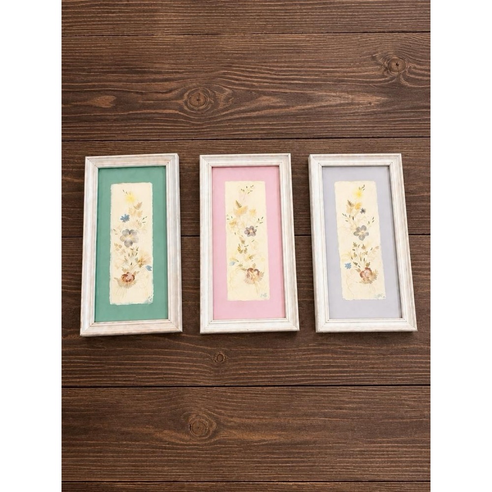 Vintage 90s Interia Madagascar Pressed Flower Art Signed Set of 3 13x7 1998